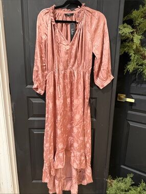 Lulu's Dusty Rose High-Low Satin Floral Midi Dress